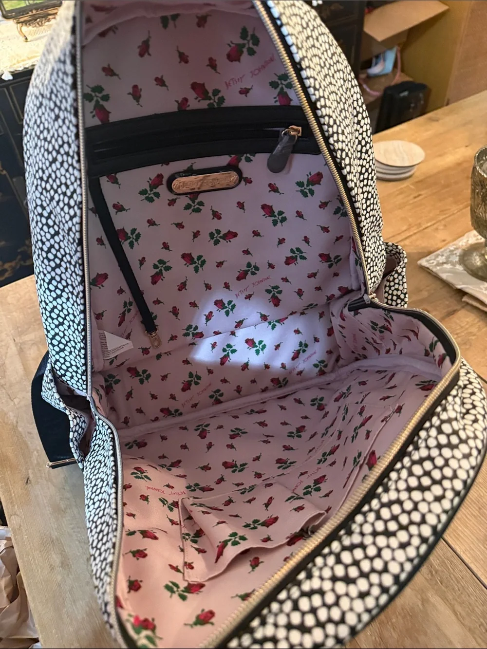 Betsey Johnson Black & White Polka Dot Backpack with Teal Bow